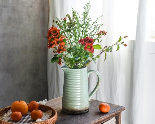 Quoowiit Ceramic Rustic Vase with Handle, Green Distressed Decorative Farmhouse Pitcher Vase for Home Decor Living Room Bedroom Kitchen Office Shelf Decor Centerpiece Table Decoration - color: 7 Inch Green Pitcher