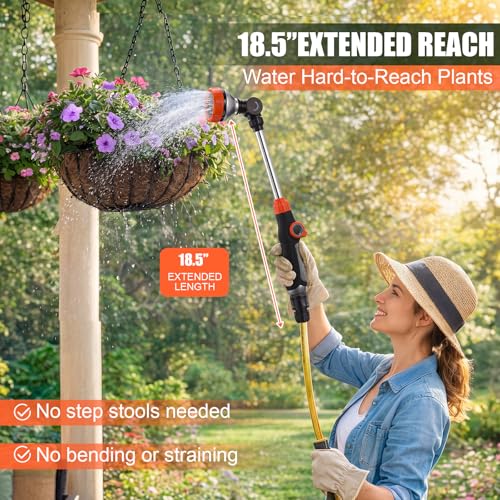 Hushee 4 Pack 18.5-Inch Metal Watering Wand with 180° Rotating Head, 8 Adjustable Spray Patterns & Thumb Control Nozzle – Perfect for Hanging Baskets, Shrubs & Plants, Durable Garden Hose Sprayer
