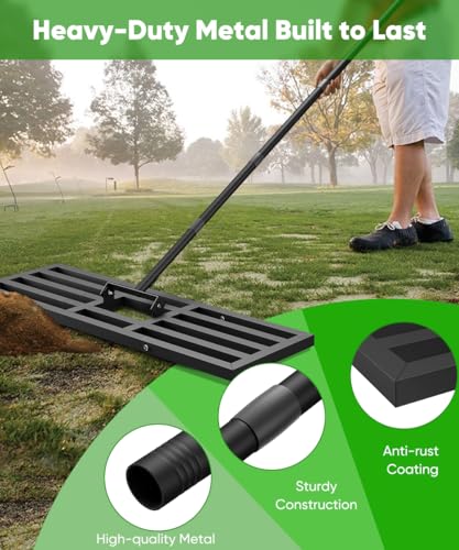 Lawn Leveling Rake 44x10 inch, Heavy Duty Reinforced Lawn Leveler Tool, Garden Landscape Rake with 77" Adjustable Handle, Yard Ground Leveler for Backyard, Garden, Golf Course, Farm, Pasture