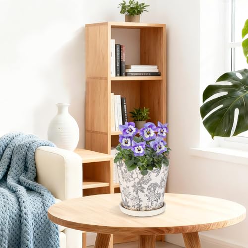 Ceramic Flower Pots for Indoor Plant with Drainage Hole & Saucer - color: Grey Camellia
