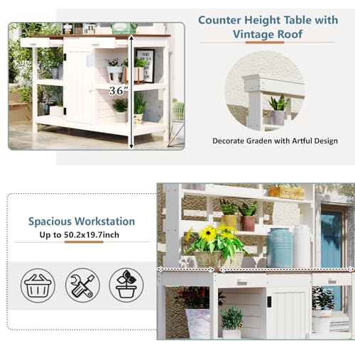 66" Large Outdoor Farmhouse Wooden Potting Bench Table, Garden Workstation with 2 Drawers, Cabinet and Open Shelves for Backyard, Mudroom, White Solid Wood Workspace Mudroom Ready