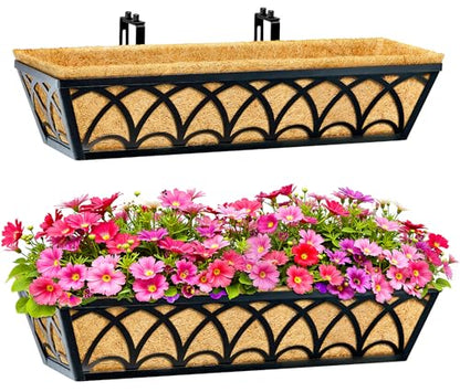 24 Inch Railing Planter Box Window Boxes Planters - 2 Pack Deck Railing Planter Boxes with Adjustable Brackets Coco Liners Balcony Planters Railing Hanging for Window Flower Boxes Outdoor Garden Decor - size: 24 Inch