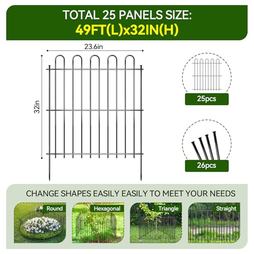 25 Panels Decorative Garden Fence, 50ft X 32in Rustproof Metal Animal Barrier Fence, No Dig Fence Garden Fence, Arched Flower Bed Edging Ornamental Wire Border Fencing for Outdoor Yard, Patio Decor - size: 25 Panels, 32in X 50ft
