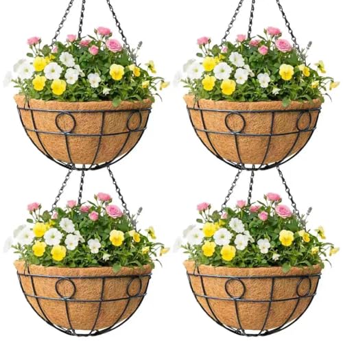 4 Pack 14 Inch Black Metal Hanging Planter Baskets with Coco Coir Liner Sturdy Hanging Flower Basket for Outdoor Indoor Garden Porch Patio Balcony Decor (Round) - style: Circular