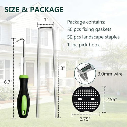 8 Inch 50 PCS Galvanized Landscape Staples with 50 PCS Gasket, Landscape Fabric Pins Stakes Lawn Ground Cover Graden Staples Spikes Weed Barrier Stakes - size: 8" 50 Pack
