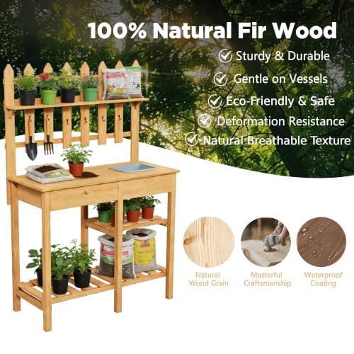 Outdoor Potting Bench, Wooden Potting Table with Built-in Sink