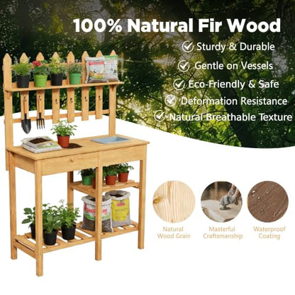 Outdoor Potting Bench, Wooden Potting Table with Built-in Sink