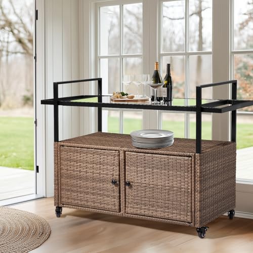 VINGLI Outdoor Storage Cabinet with Wheels, Waterproof Woven Rattan with Double Magnetic Doors, Mobile Multi-Purpose Cabinet for Storage, Buffet Server, Bar Table, Potting Bench (Glass Top) - size: Glass Top