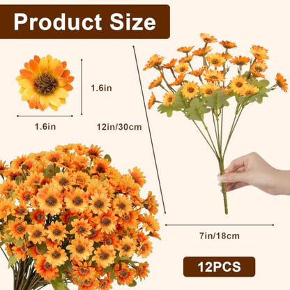 12 PCS Artificial Mums for Outdoors, UV Resistant Fake Fall Flowers - color: Orange