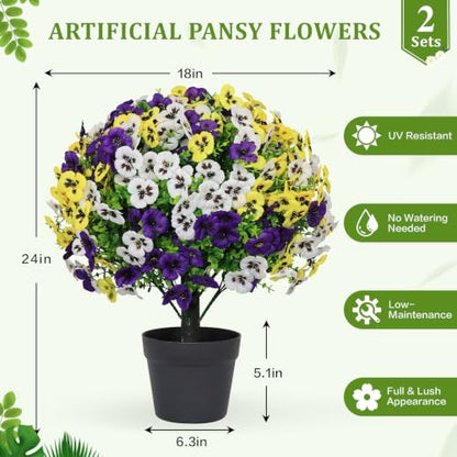 24" Artificial Pansy Flowers for Outdoors with Cement Pots Set of 2 - color: Pansy Yellow-purple-white