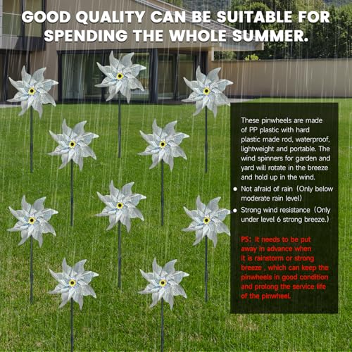 10 PCS Reflective Pinwheels for Yard and Garden Bird Devices Pre-Installed Sparkly Wind Spinner Deterrent to Scare Birds Away from Yard Patio Farm (Silver) - color: Silver