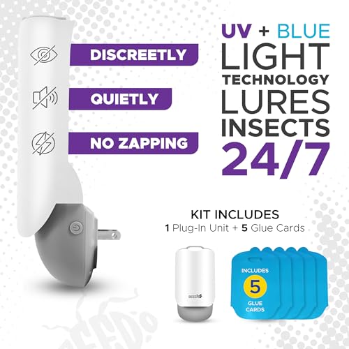 Beedo Gnat Fruit Fly Flying Insect Trap Starter Kit, Indoor Bug Catcher Plug in Device for House, Mosquito, Drain Flies Killer, Blue and UV Light Combo, Zapper Alternative, 1 Device with 5 Glue Insert