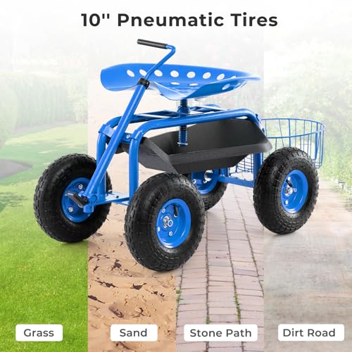 Rolling Garden Seat, Garden Stool with Wheels, Extendable Handle, Storage Basket & Tool Tray, Garden Scooter with 360 Degree Swivel Seat for Outdoor, Garden & Yard (Blue) - color: Blue