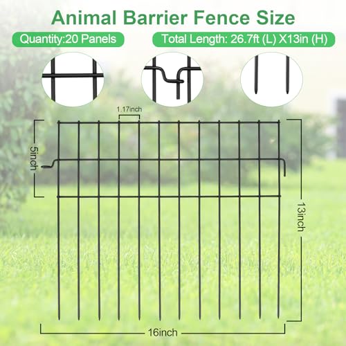 20 Panels Animal Barrier Fence, 27ft (L) X13in (H) No Dig Garden Fence for Dog Rabbit, 1.17in Gap Rustproof Metal Stakes Decorative Garden Fencing,Ground Defense Border Fence for Outdoor,Yard,Patio - size: 20 Panels, 27ft(L) x 13in(H)