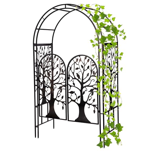 Plow & Hearth Arch Metal Outdoor Garden Arbor, 84 inches Tall, Iron Trellis Lattice for Climbing Plants, Wedding Arch, Outdoor Patio Décor (Tree of Life with Gate) - color: Tree of life with Gate