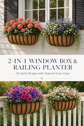 Y&M 24'' Outdoor Planters, 2 Pack Window Boxes with Coconut Coir Liner, Hanging Flower Planter for Balcony, Porch, Fence, Patio Rail - size: 24in 2p