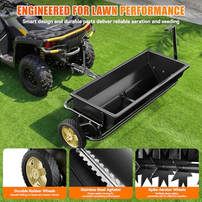 PPOLB 32 Inch Lawn Spreader with Aerator Spikes Tow Behind, 2-in-1 Broadcast Spreader & Lawn Aerator for ATV UTV Tractor, Heavy Duty Steel Hopper, Adjustable Flow Control, Lawn Care Seeder Fertilizer