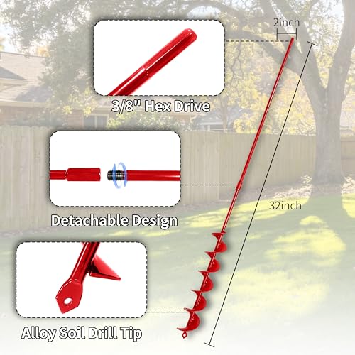 TCBWFY 2x32 Inch Auger Drill Bit for Planting - Long Handle Easy Planter Garden Auger - Bulb & Bedding Plant Augers - Post Hole Digger for 3/8”Hex Drive - size: 2"x32"-Red