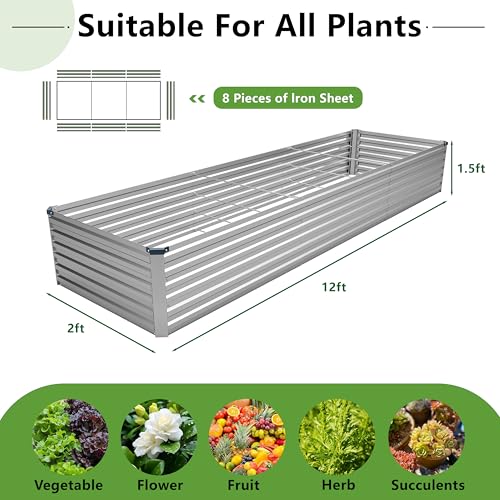 MGNO 12x2x1.5FT Galvanized Raised Garden Bed-Outdoor Planter Box for Vegetables-Metal Garden Bed,RRectangle Planting Box for Herb,Flower - size: 12x2x1.5FT, style: Sliver