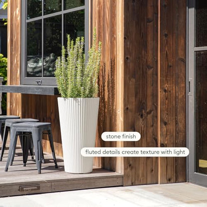 Veradek Demi Series Tall Planter - Tall Tapered Outdoor Planter with Shelf - color: White, style: Narrow Groove -2 Pack
