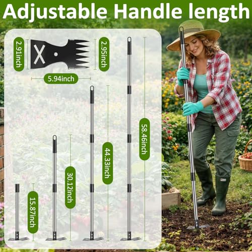 Weed Puller Tool with Long Handle-Vertical Adjustable Weeder, 2-in-1 Garden Hoe and Weeding Rake Combination, Weeding Tool for Garden, Lawn, Farm and Courtyard