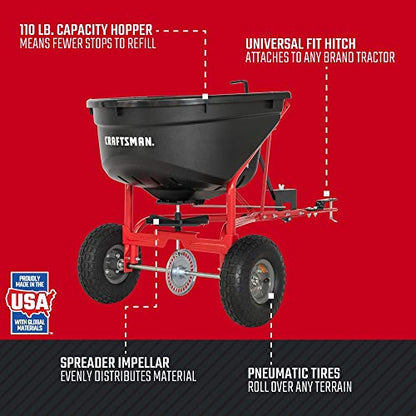 Craftsman Pull-Behind Lawn Broadcast Spreader for Seed, Fertilizer & Ice Melt, 110 lb Capacity with Universal Hitch, Made in USA