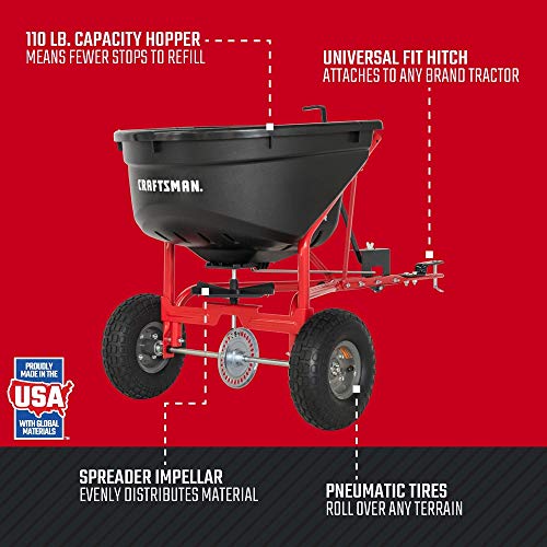 Craftsman Pull-Behind Lawn Broadcast Spreader for Seed, Fertilizer & Ice Melt, 110 lb Capacity with Universal Hitch, Made in USA