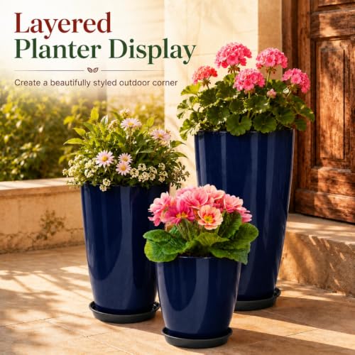 Neoaider Set of 3 Tall Planter, 24/21/12in Large Plastic Planter, Blue - color: Blue