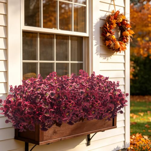 16 Artificial Fall Pansy Flowers for Outdoors, UV Resistant Faux Plants - color: Wine Red