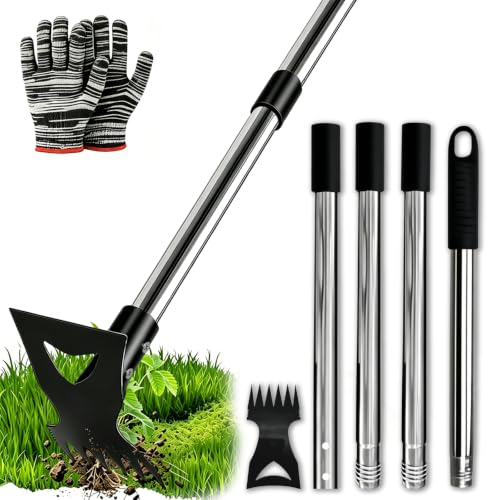 Weed Puller Tool with Long Handle (58IN) & Gloves, 2-in-1 Gardening Hand Tools Weeds Remover, Weeder Rake & Garden Hoe Combo, Manual Weeding Puller Tool for Garden Yard Patio Lawn