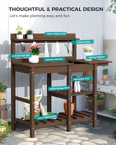 SERWALL Outdoor Potting Bench with Removable Sink,Gardening Table,Coffee - color: Coffee, size: Classic