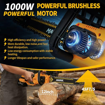 12" Telescoping Codless Chainsaw, 2-in-1 Cordles Pole Saw with 2 x 4.0Ah Batteries, 21V Brushless ChainSaw with 2 Chains & 2 Guide Plates, Tool-Free Tension, for Tree Trimming & Branch Cutting