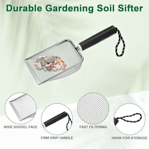 M METERXITY 1-Pack Gardening Soil Sifter, 1.5 mm Mesh Stainless Steel Portable Gardening Sifter with Soft Handle for Sand/Dirt/Rock Compost [White, Black] - color: White, Black, size: 1.5X1.5mm