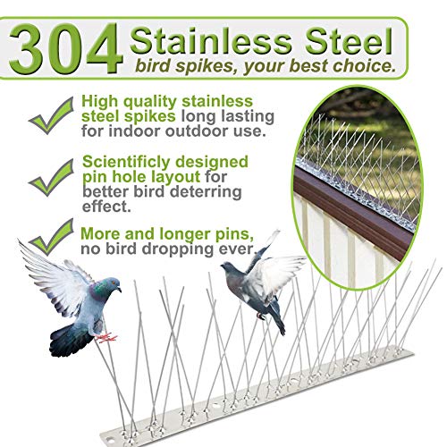 Bird Spikes Stainless Steel 60ft Coverage 56 Pack for Pigeons Small Birds Outdoor Use Bird Prevention Strips for Fence Crows Woodpeckers with 304 Stainless Steel Pins and Base Not Rusty - size: 60 feet (56 pieces)