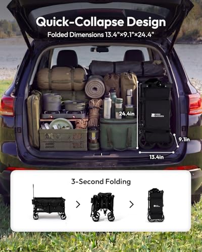 MOBI GARDEN 330Lbs Collapsible Folding Wagon Cart with Wheels 190L Capacity - color: Obsidian Black, size: 190L