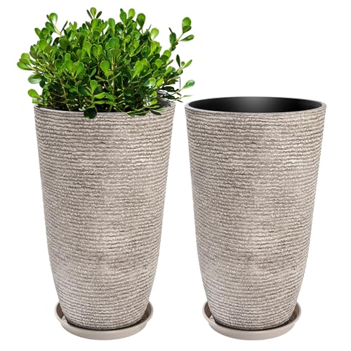 QCQHDU Set of 2 Oversized 9 Gallon Round Planters for Front Door & Patio - 12x21 Inch Tall Outdoor/Indoor Plant Pots with Drainage Tray, Gray Faux Stone Textured Tree Planters for Porch Decor - color: Gray