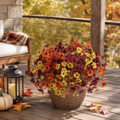 HyeFlora Artificial Fall Flowers Faux Mums, 3 Color Mixed, 12 Bundles - color: 3 Fall Colors