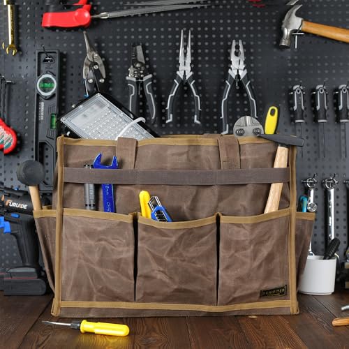 Canvas Large Tool Bag - A Large Main Pocket and 14 Insert Pockets Garden Tool Tote Bag - Durable 16oz Waxed Canvas Tool Case with Handle - Tool not Included - color: Grey