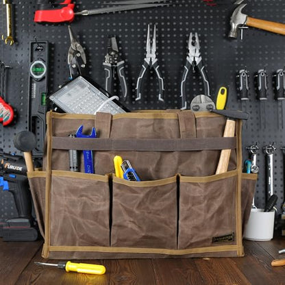 Canvas Large Tool Bag - A Large Main Pocket and 14 Insert Pockets Garden Tool Tote Bag - Durable 16oz Waxed Canvas Tool Case with Handle - Tool not Included - color: Grey