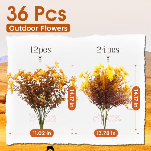 36pcs Fall Fake Flowers for Outdoor Realistic Artificial Flowers for Outdoor UV Resistant Faux Mums Plastic Autumn Flowers No Easy Fade Fall Thanksgiving Fall Flowers for Porch ＆Planter - color: Yellow ＆ Orange ＆ Brown（with Fall Ferns）, size: 36 pcs