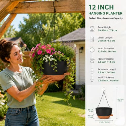 12" Self Watering Hanging Planters with Chains, Black Brown，2 Pack - color: Black Brown, size: 2 pack 12 inches