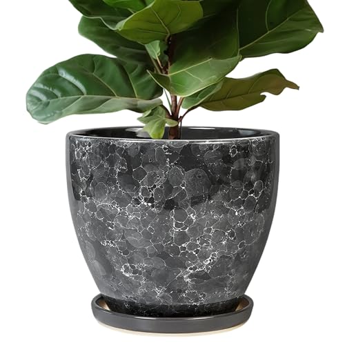 Ceramic Pots for Plants - 10 Inch Planter for Indoor Outdoor, Decorative Round Flower Pot with Drainage Hole and Saucer, Garden Patio Living Room Home Decor, Housewarming Gifts, Grey - color: Grey Gemstone, size: 10 Inch