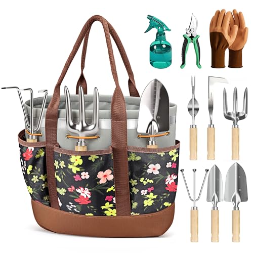 10Pcs Garden Tool Set, Rust-Proof Stainless Steel, Ash Wood Handles - color: Brown