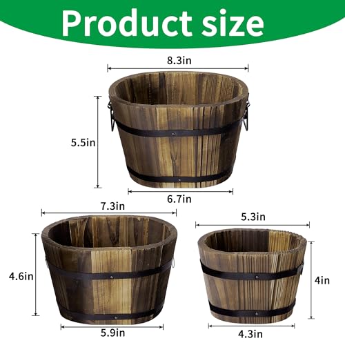 Adnee 3 Pcs Wooden Whiskey Barrel Planters - 3 Sizes Wooden Bucket Barrel Garden Planters Set - Rustic Flower Planters Pots Container for Indoor Outdoor Garden Home Plants(5.3",7.3",8.3")