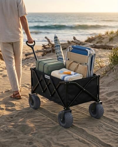 Beach Wagon with Heavy-Duty 10" Air Tires - All Terrain Folding Cart with Big Wheels for Sand and Gravel - 300 LB. Capacity (Black) - color: Black