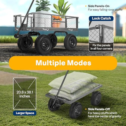VIVOHOME Heavy Duty 880 Lbs Capacity Mesh Steel Garden Cart Folding Utility Wagon with Removable Sides and 4.10/3.50-4" Wheels 10 inch Tire (Grey) - color: Gray