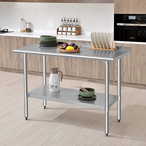ROCKPOINT Stainless Steel Table for Prep & Work with Backsplash 24x48 Inches, NSF Metal Commercial Kitchen Heavy Duty Table with Adjustable Under Shelf and Table Foot for Restaurant, Home and Hotel - size: 24x48inch, style: with Backsplash