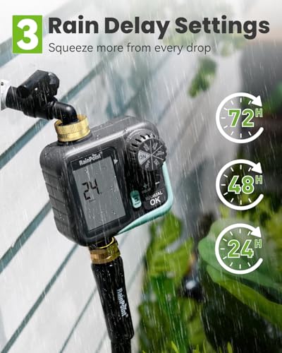RAINPOINT Sprinkler Timer for Garden Hose - Hose Timer with Cycle & Soak/Rain Delay/Automatic Watering/Manual Watering, Programmable Irrigation System with Large Display, Brass Inlet & Outlet - color: Brassy