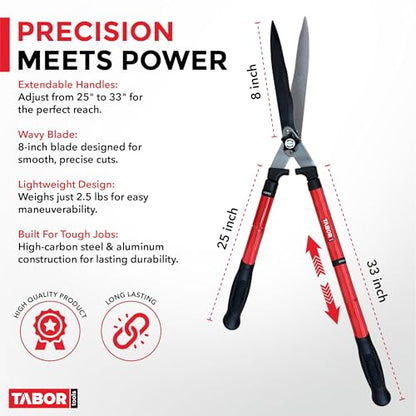 TABOR TOOLS B212A 25″–33″ Telescopic Hedge Shears with Wavy Blade and Extendable Steel Handles. Extendable Manual Hedge Clippers for Trimming Borders, Boxwood, and Tall Bushes. - style: B212A Extendable Hedge Shears