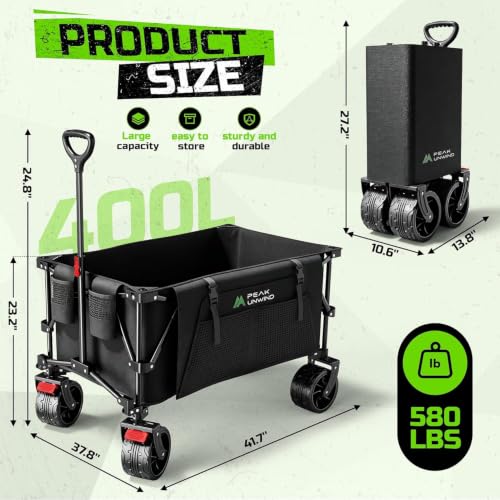 Collapsible Heavy Duty Beach Wagons carts Foldable with Big Wheels, 400L - color: Black